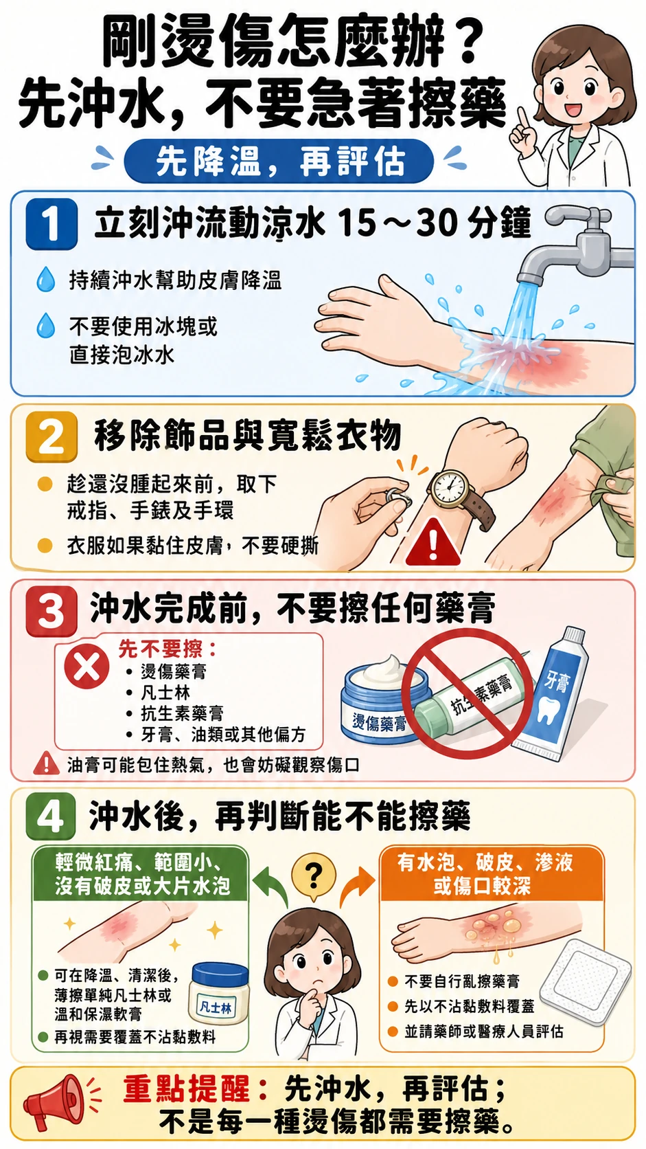 燙傷急救：先沖水、移除飾品與衣物衛教圖卡